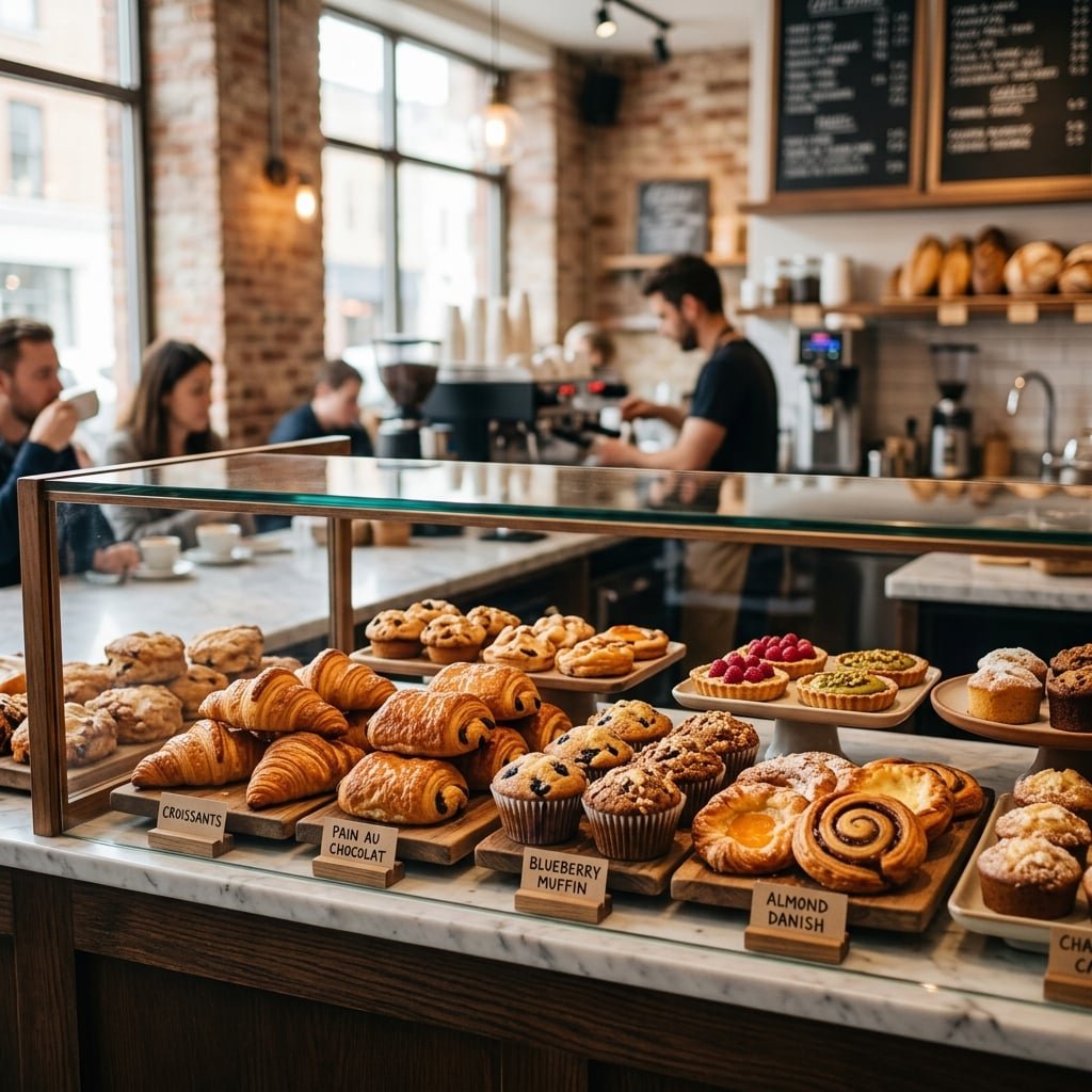 Artisan pastry display case with croissants