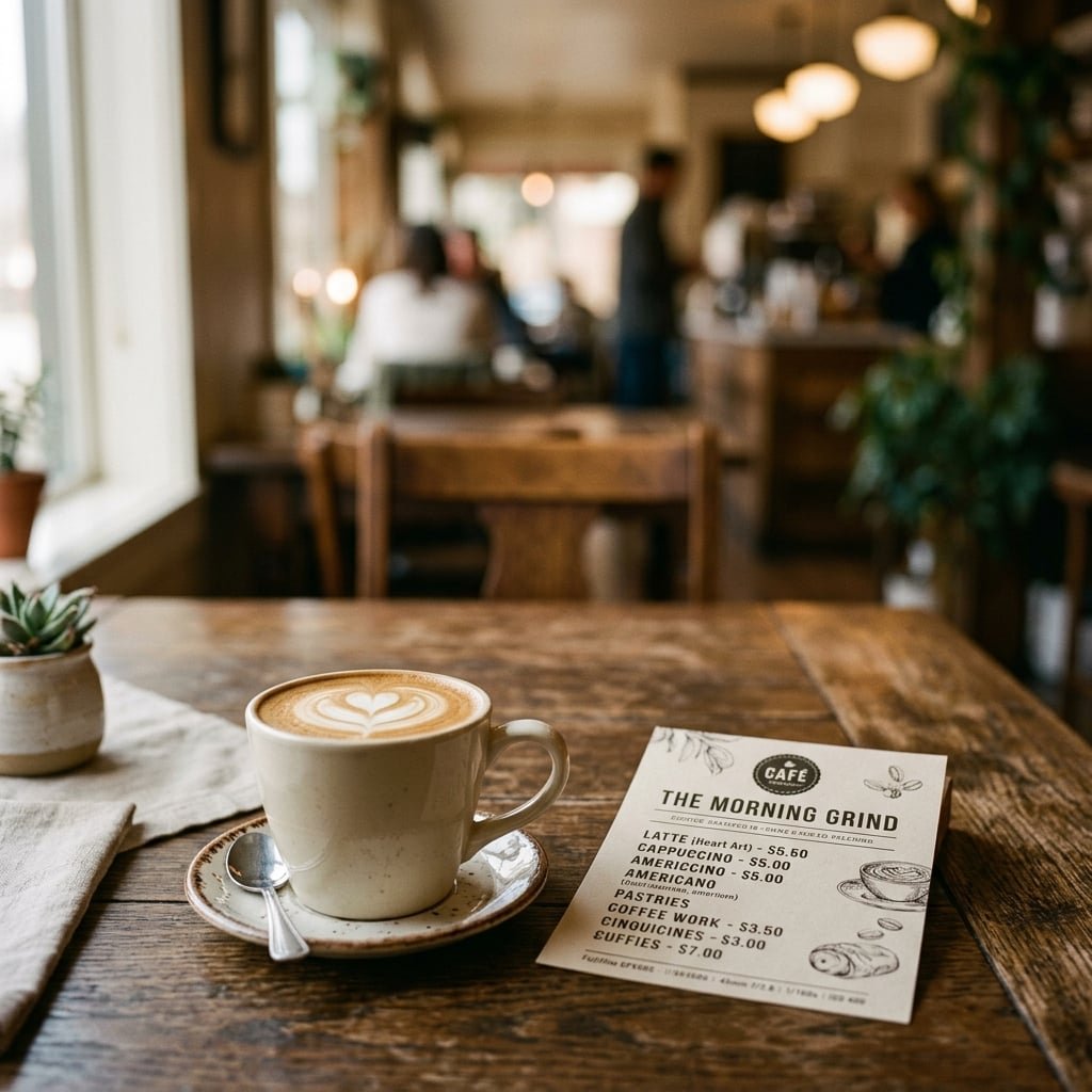 Café menu card next to latte with latte art
