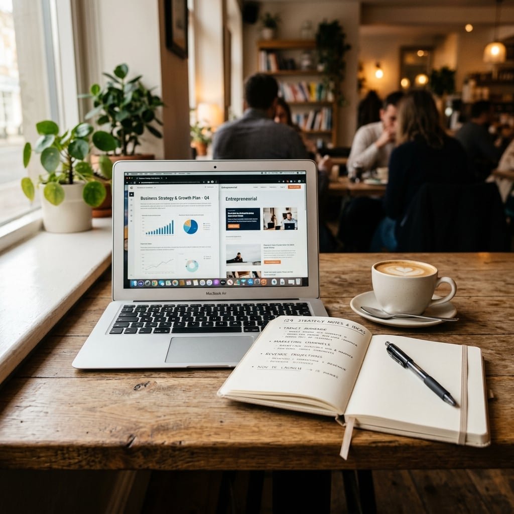 Laptop on café table for business planning