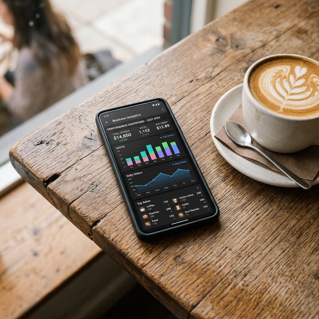 Smartphone on café table with analytics