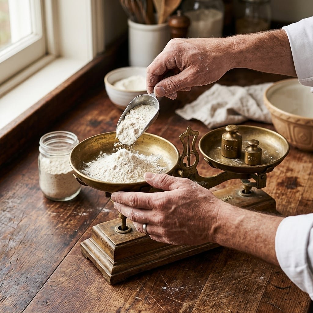 Chef measuring ingredients on a kitchen scale